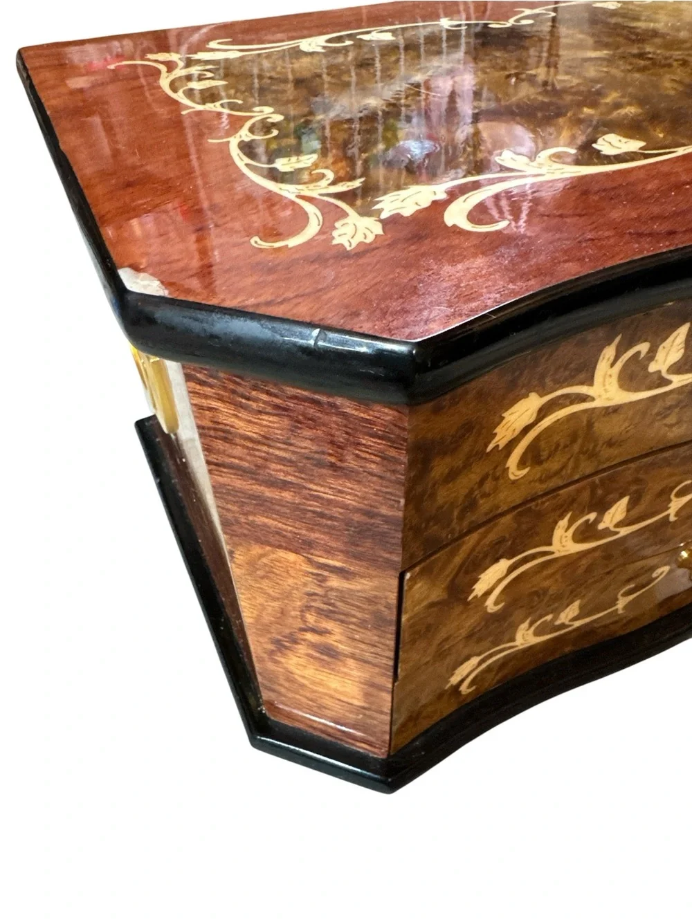 Vintage Italian Inlaid Burl Wood Glossy Jewelry Chest Box Inlayed Burl Wood Box